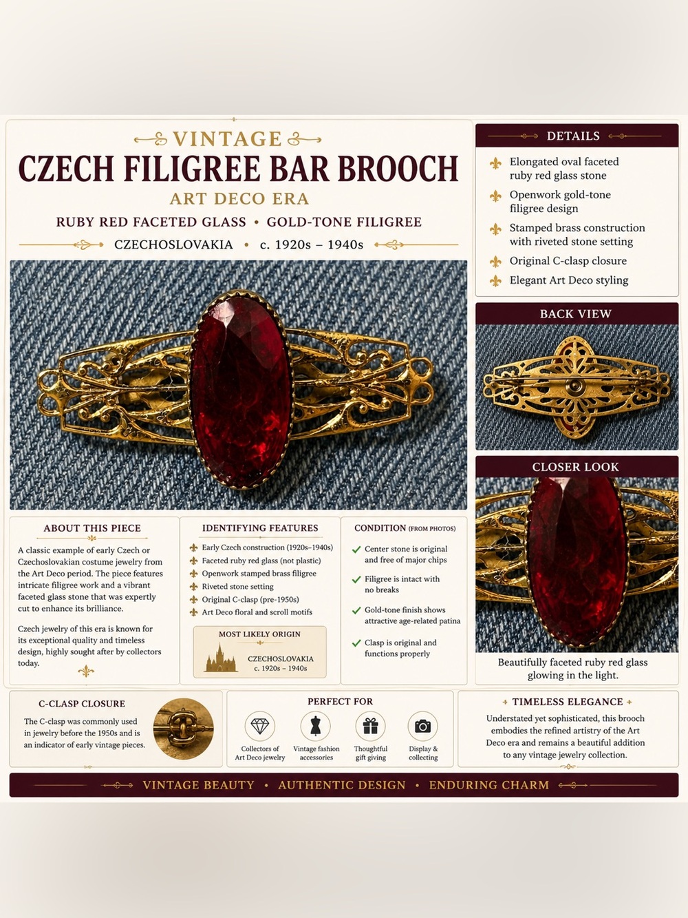 Vintage Art Deco Filigree Bar Brooch with Deep Red Faceted Czech Glass